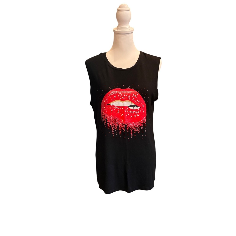 Magicmk Womens Black Sleeveless Biting Lips Graphic Muscle Tank Top Size L